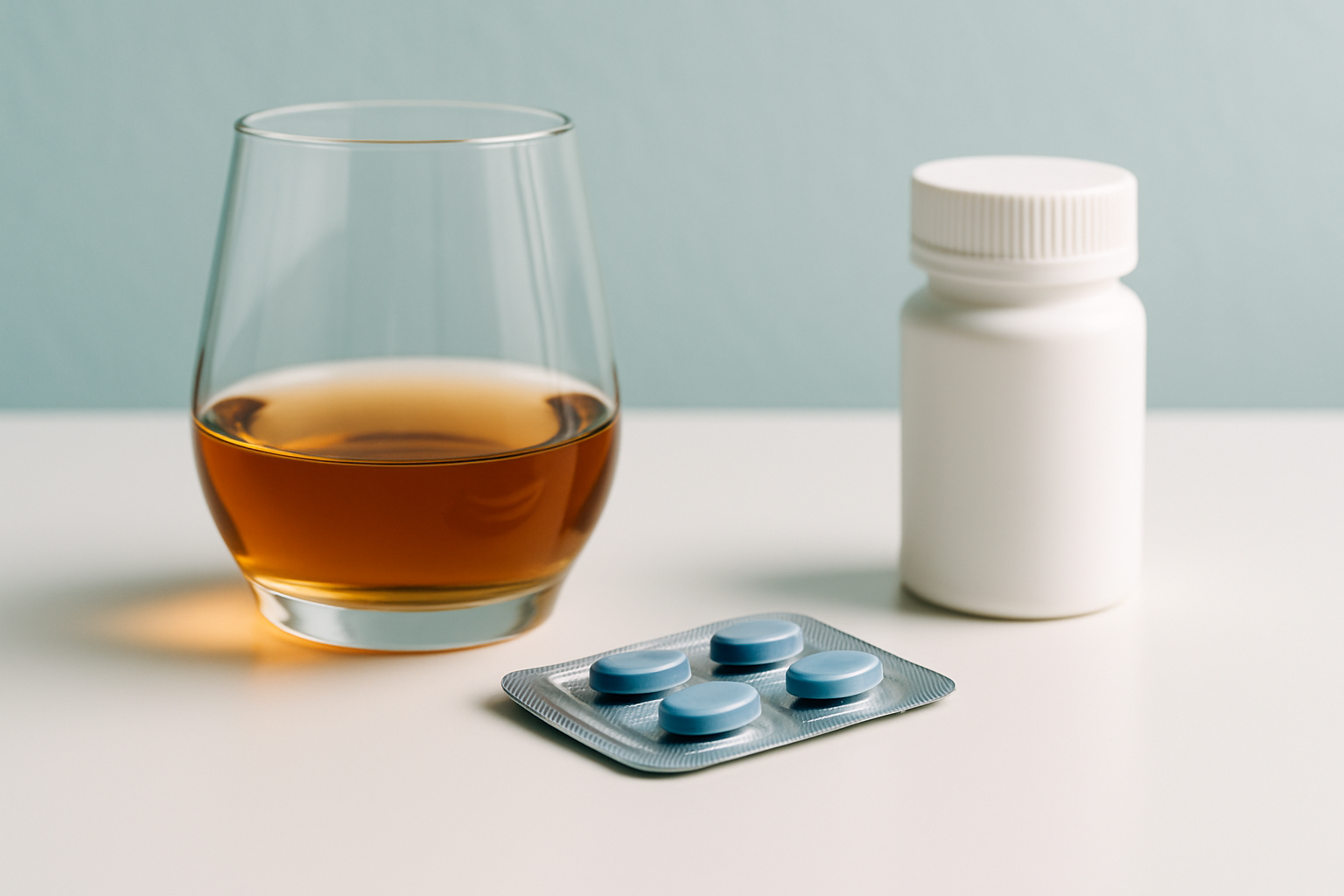 Symbolbild: Potenzmittel-Tabletten neben Alkoholglas zur Verdeutlichung der Wechselwirkungen